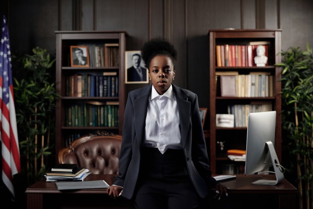 African American woman in a suit poses confidently in a law office setting.